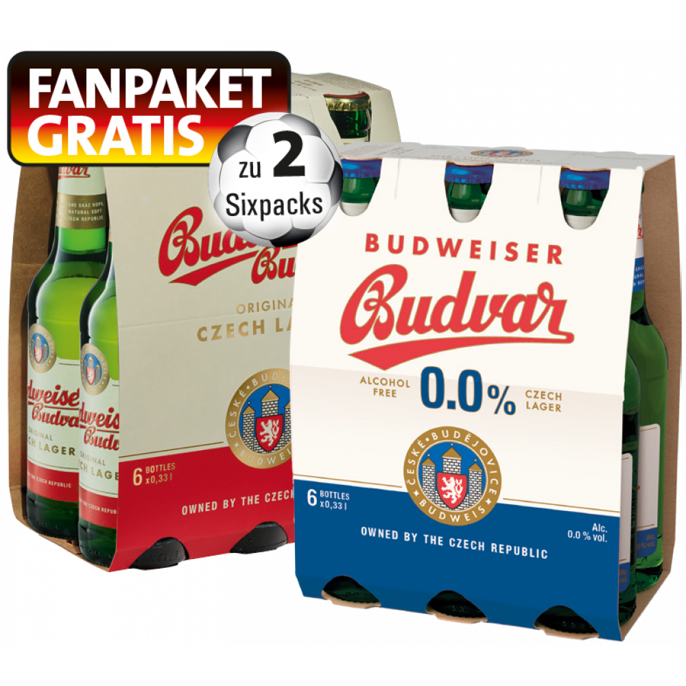 Budweiser + beim Kauf von 2 Sixpacks 1x Gratis Fanpaket