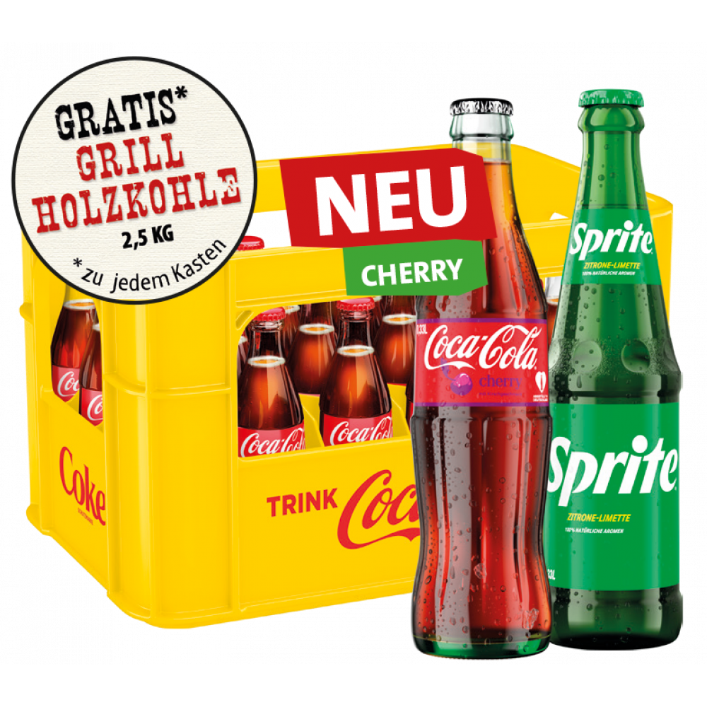 Coca Cola, Fanta, Sprite Glas + Gratis 1x Grillholzkohle