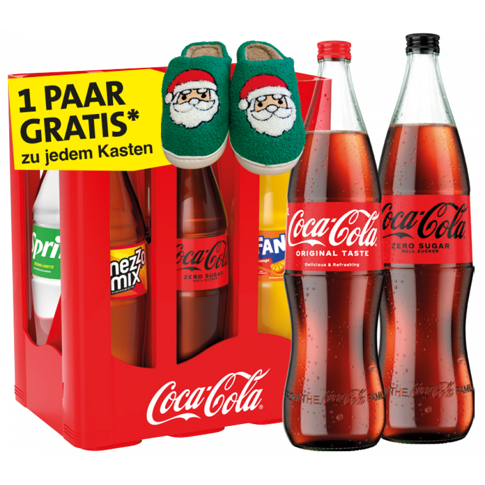 Coca Cola, Fanta, Mezzo Mix, Sprite Glas + Weihnachtspuschen zu jedem Kasten