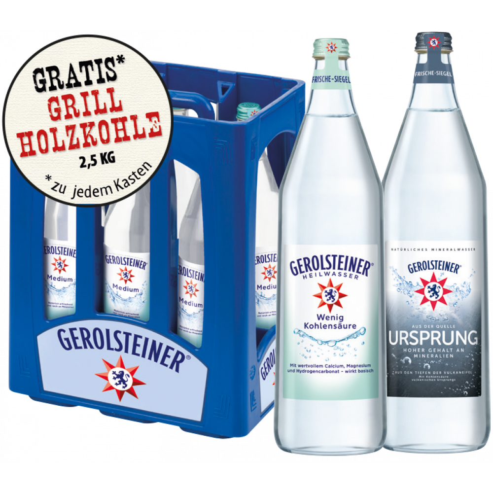 Gerolsteiner Mineralwasser Glas + Gratis 1x Grillholzkohle