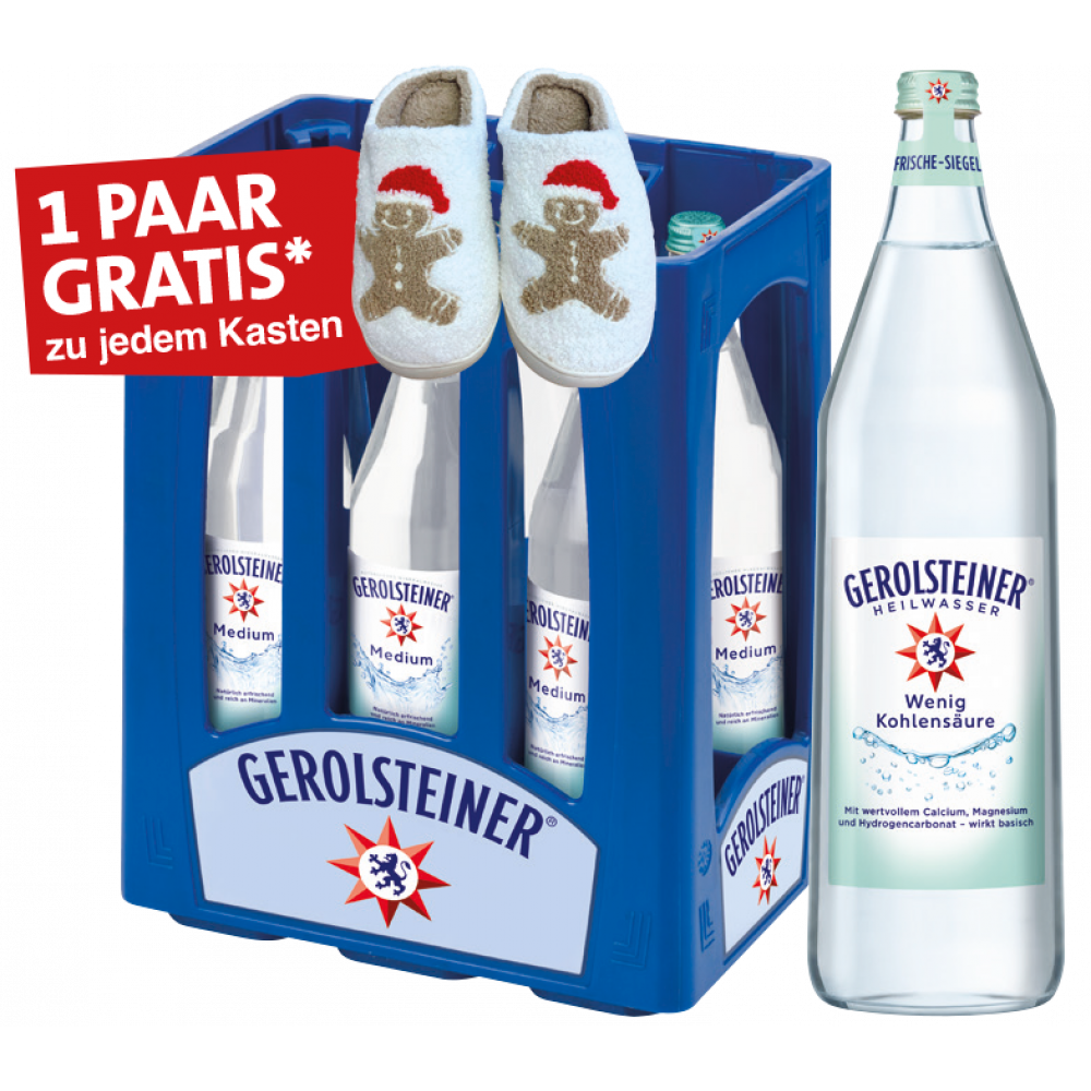 Gerolsteiner Mineralwasser Glas + Weihnachtspuschen zu jedem Kasten