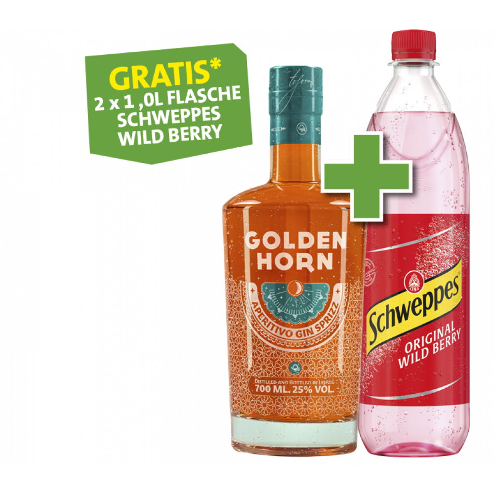 Golden Horn Aperitivo Gin Sprizz + Gratis 2 Flaschen Schweppes Wild Berry 1l