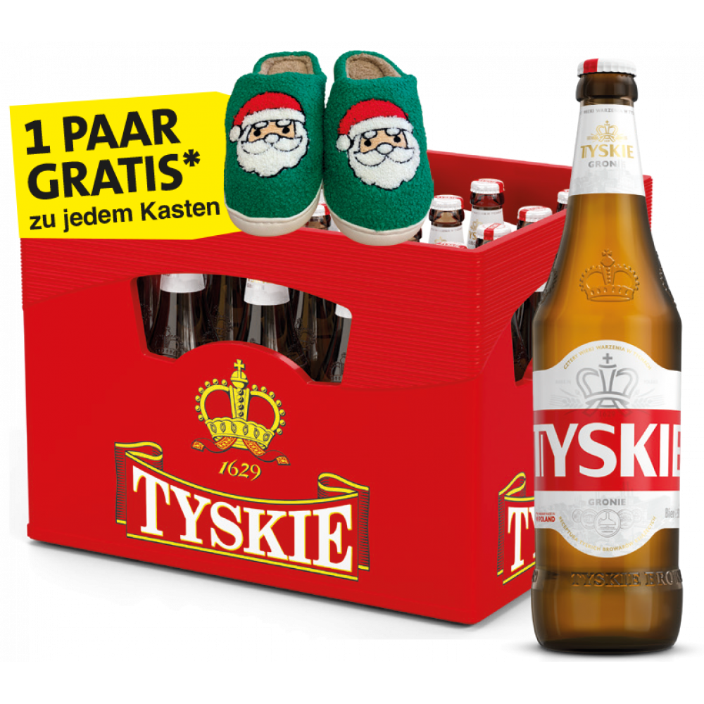 Tyskie Gronie + Weihnachtspuschen zu jedem Kasten