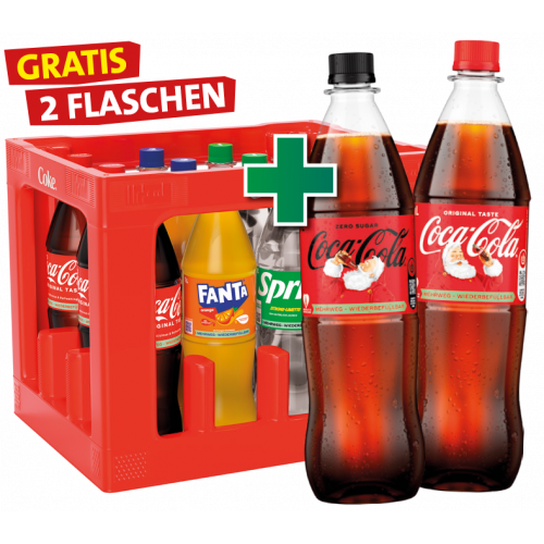 Coca Cola, Fanta, Mezzo Mix, Sprite + Gratis 2 Flaschen 1,0l